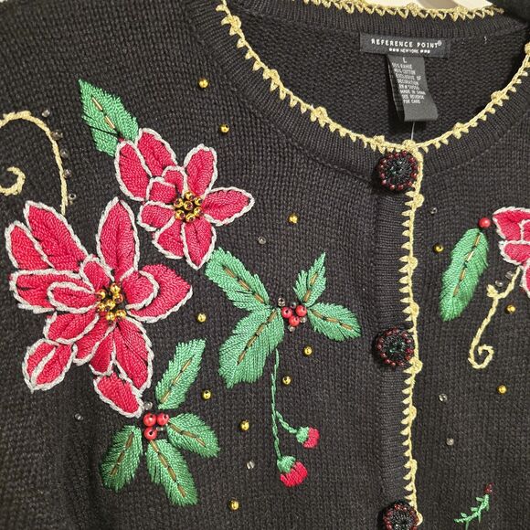 Christmas Sweater Cardigan Large Women Vintage 90s Embroidered Beaded Poinsettia - Picture 2 of 7